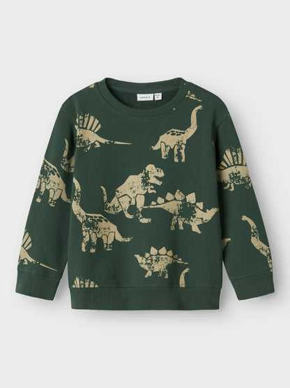 Grüner Bio-Baumwoll Sweater mit beigefarbenem Dinosaurier-Print für Kinder – Bärechind, Winterthur, Zürich Schweiz.