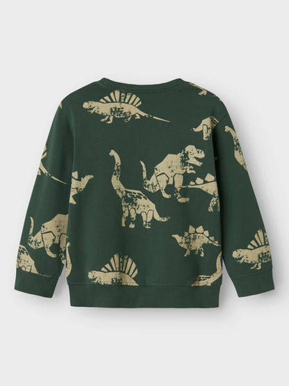 Grüner Bio-Baumwoll Sweater mit Dinosaurier-Print für Kinder, Rückansicht – Bärechind, Winterthur, Zürich Schweiz.