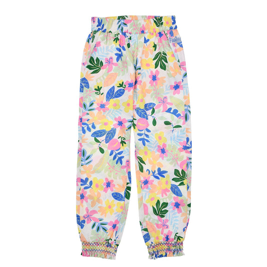Lange Mädchenhose von Bondi mit buntem Blumen-Alloverprint und elastischem Saum – erhältlich bei Bärechind Kinderladen in Winterthur, Schweiz