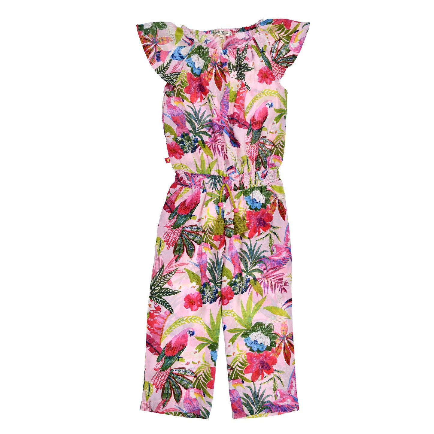 Vorderansicht des Bondi Jumpsuits mit buntem Jungle-Alloverprint und Flügelärmeln – erhältlich bei Bärechind Kinderladen Schweiz