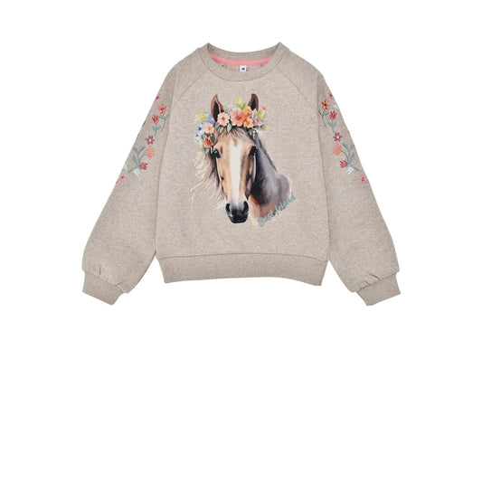 Bondi Kinder Sweatshirt mit Pferdemotiv und Stickerei – Vorderansicht, erhältlich im Bärechind Winterthur Schweiz
