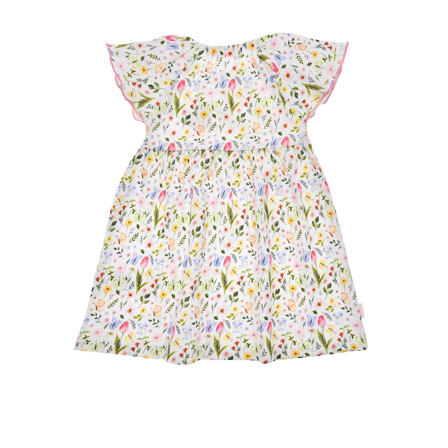 Seitliche Ansicht des Bondi Blumenkleids mit ausgestelltem Rock – erhältlich bei Bärechind, dem Kinderladen in Winterthur, Zürich, Schweiz.