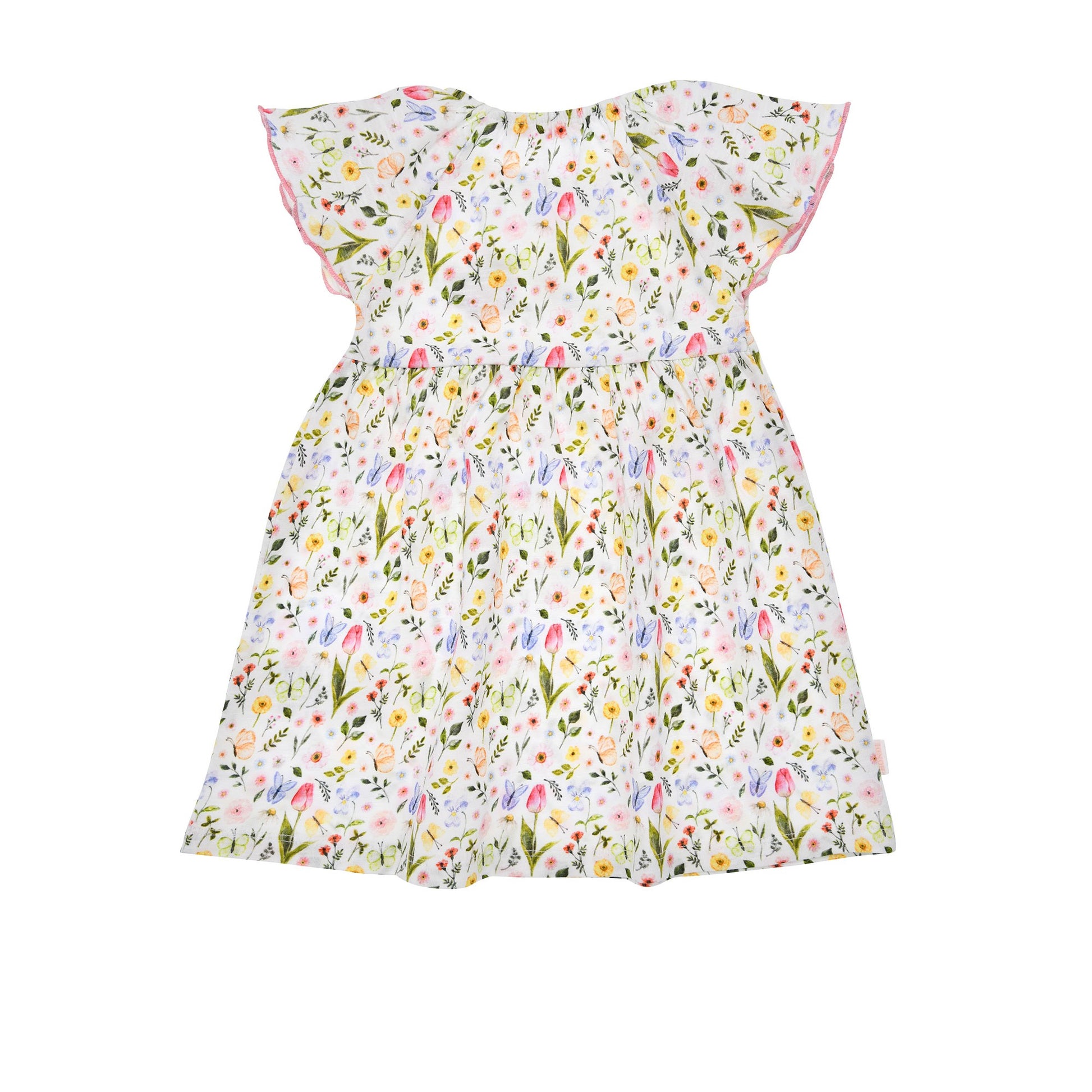 Seitliche Ansicht des Bondi Blumenkleids mit ausgestelltem Rock – erhältlich bei Bärechind, dem Kinderladen in Winterthur, Zürich, Schweiz.