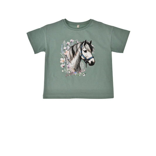 Bondi Kinder T-Shirt mit Pferdeprint und Anhänger für Mädchen – erhältlich bei Bärechind Kinderladen Winterthur Schweiz.