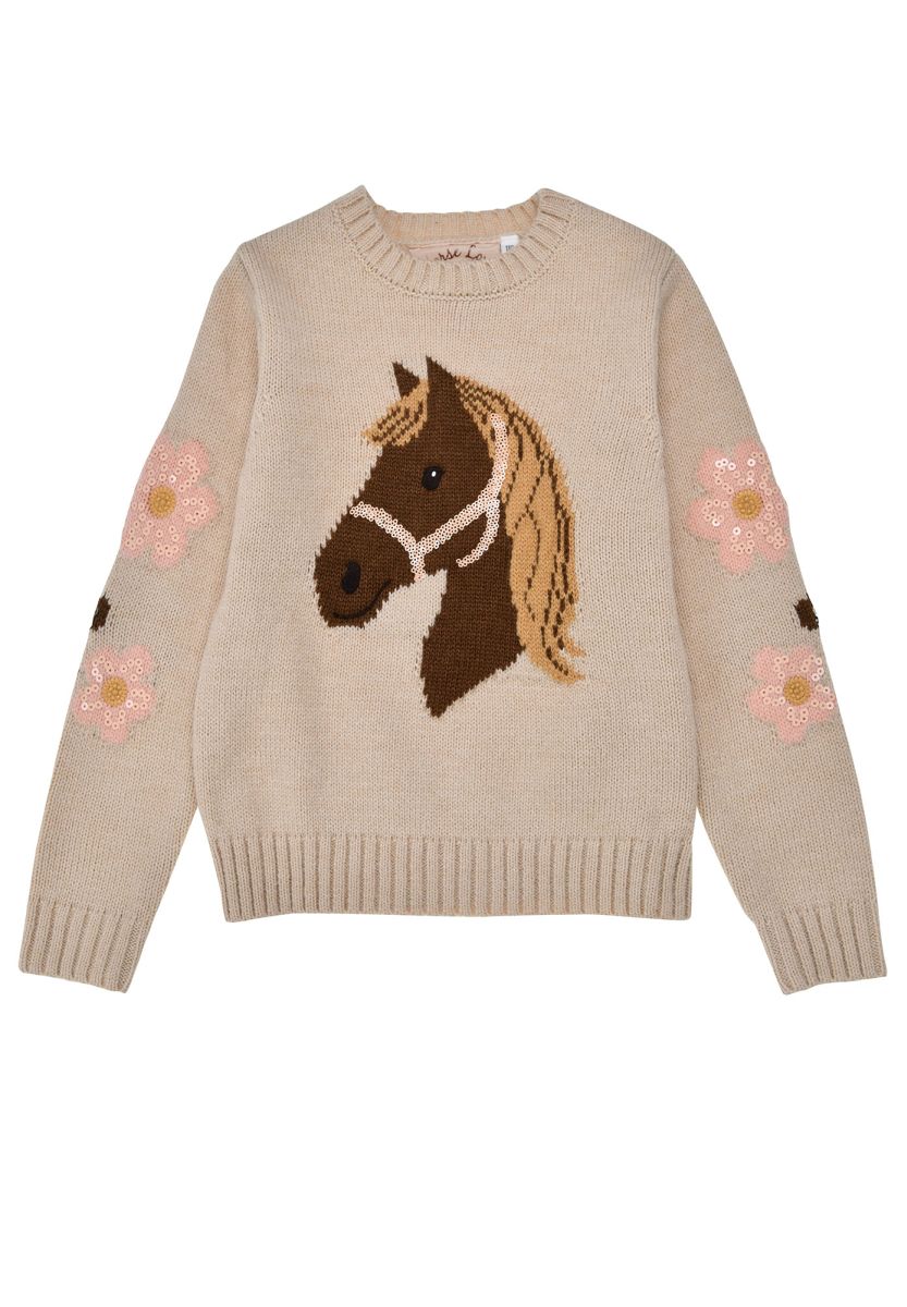 Beiger Bondi Strickpullover mit Pferdemotiv und Blumen an den Ärmeln bei Bärechind Winterthur Zürich Schweiz