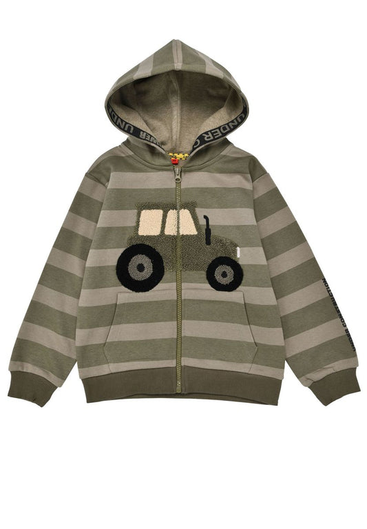 Grüne gestreifte Bondi Sweatjacke mit Traktor Stickerei und Kapuze bei Bärechind Winterthur Zürich Schweiz