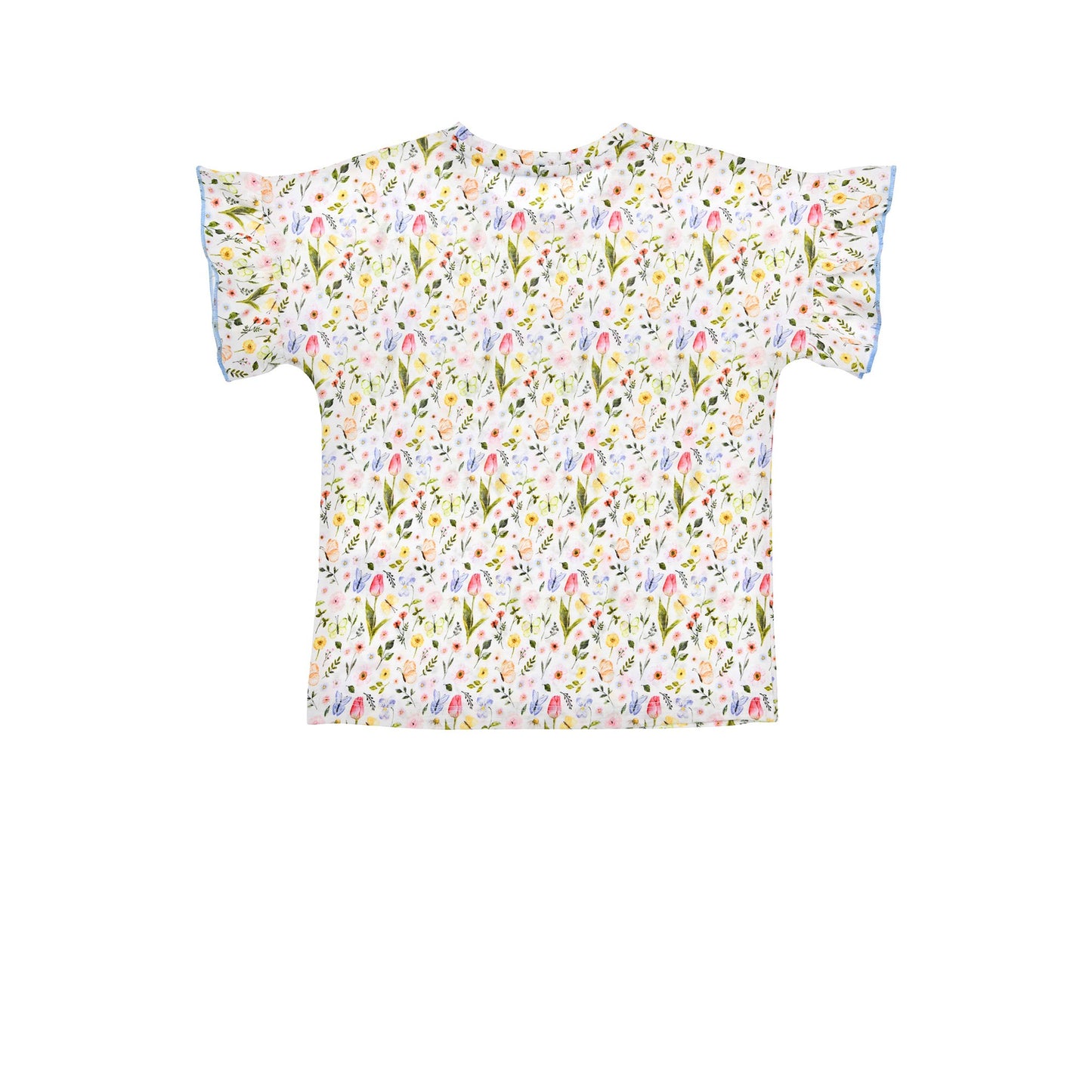 Rückenansicht des Bondi T-Shirts mit buntem Blumen-Alloverprint und Flügelärmeln – erhältlich bei Bärechind Kinderladen Schweiz