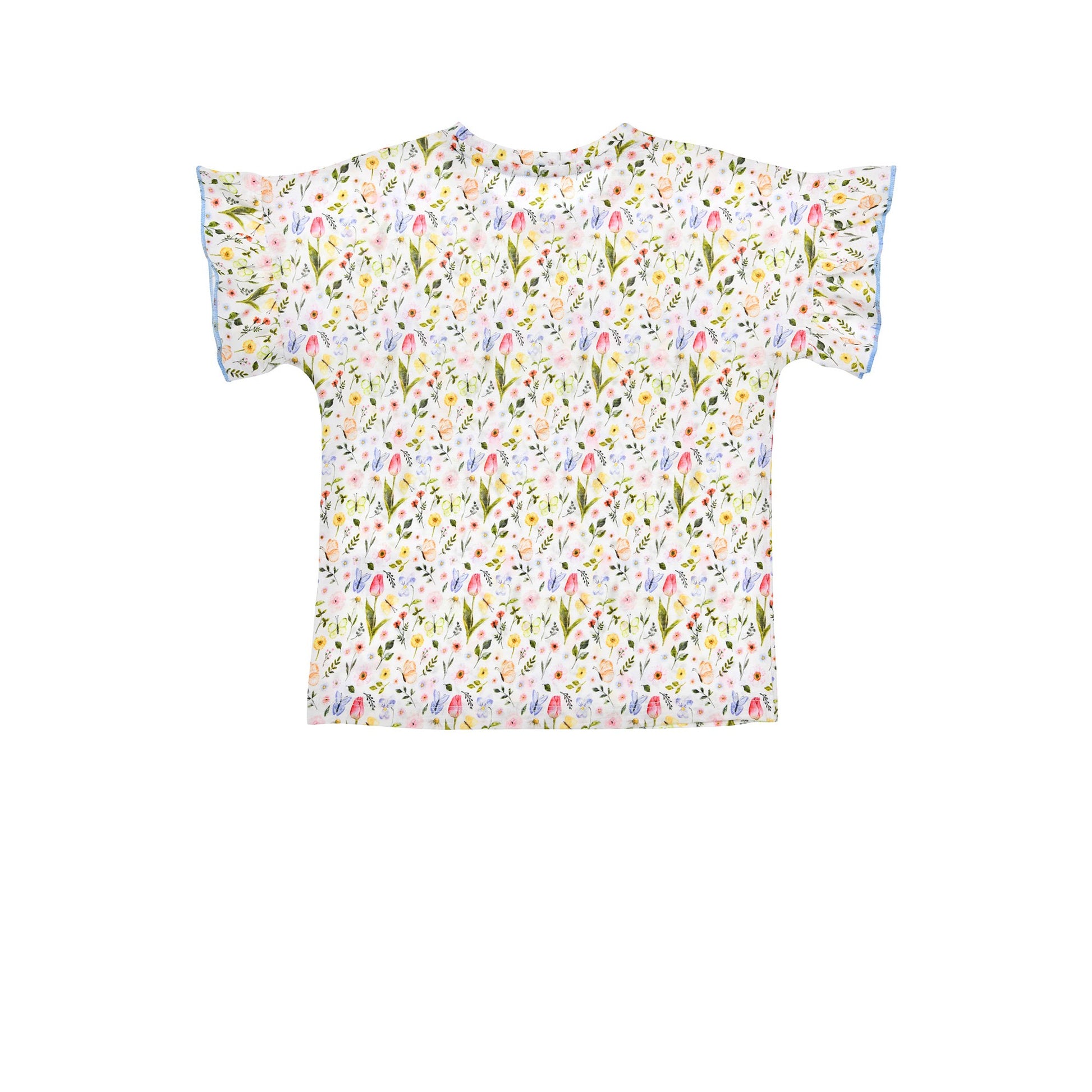 Rückenansicht des Bondi T-Shirts mit buntem Blumen-Alloverprint und Flügelärmeln – erhältlich bei Bärechind Kinderladen Schweiz