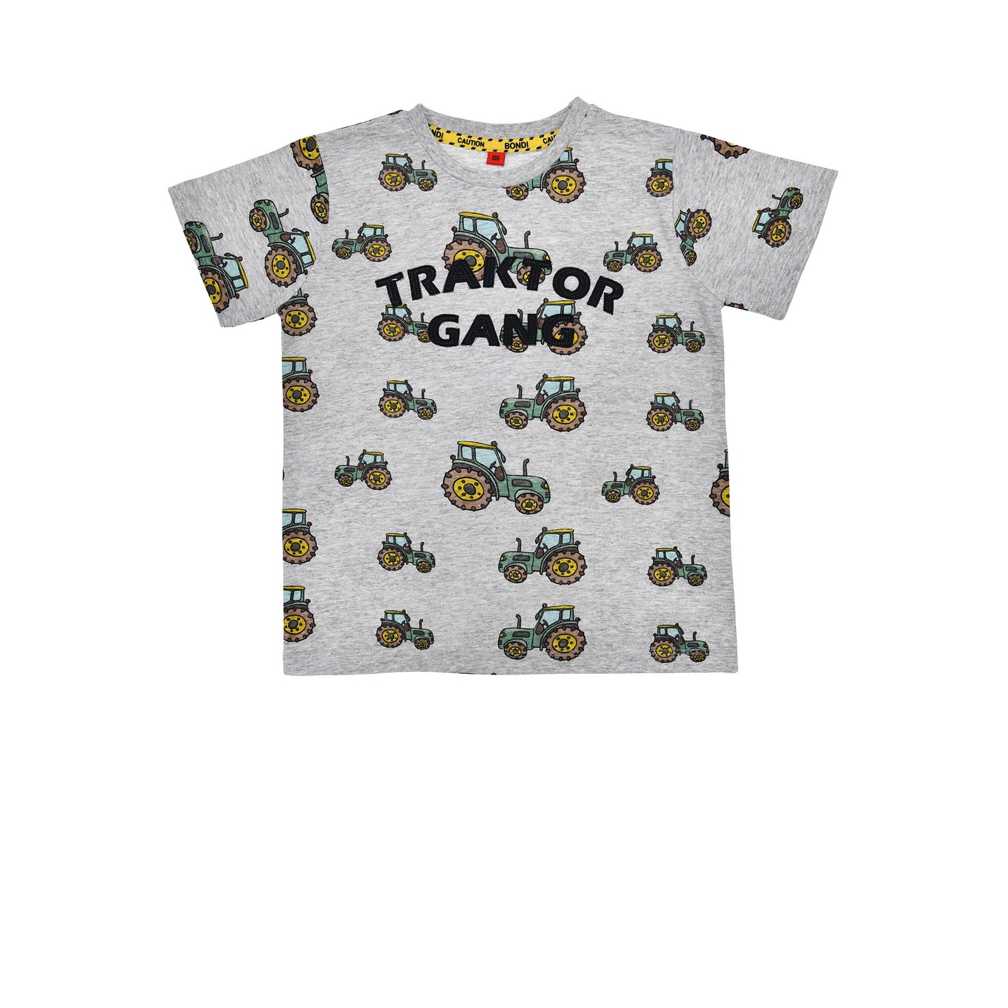 Vorderansicht vom Bondi T-Shirt „Traktor-Gang“ mit Allover-Print – erhältlich bei Baerechind Kinderladen in Winterthur, Schweiz