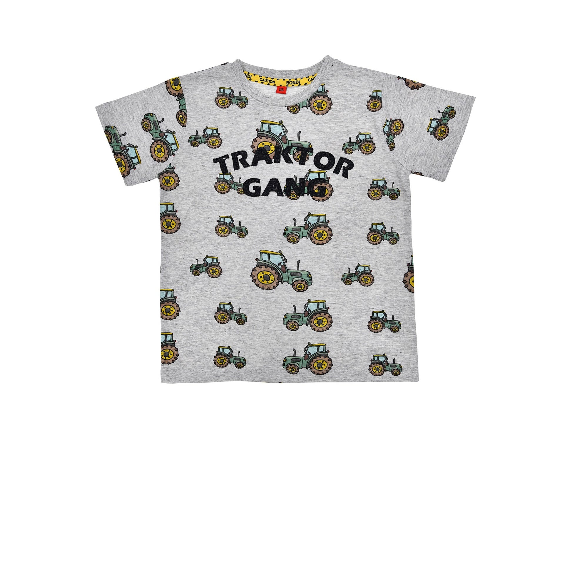 Vorderansicht vom Bondi T-Shirt „Traktor-Gang“ mit Allover-Print – erhältlich bei Baerechind Kinderladen in Winterthur, Schweiz
