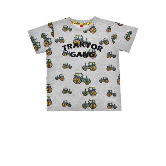 Vorderansicht vom Bondi T-Shirt „Traktor-Gang“ mit Allover-Print – erhältlich bei Baerechind Kinderladen in Winterthur, Schweiz