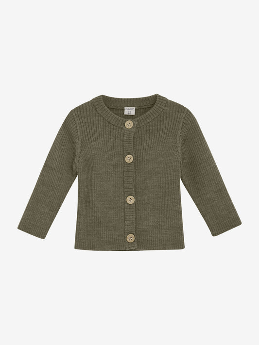 CeLaVi Cardigan aus Merinowolle in dusky green – flachliegend, Vorderseite. Erhältlich bei Bärechind in Winterthur, Zürich, Schweiz.
