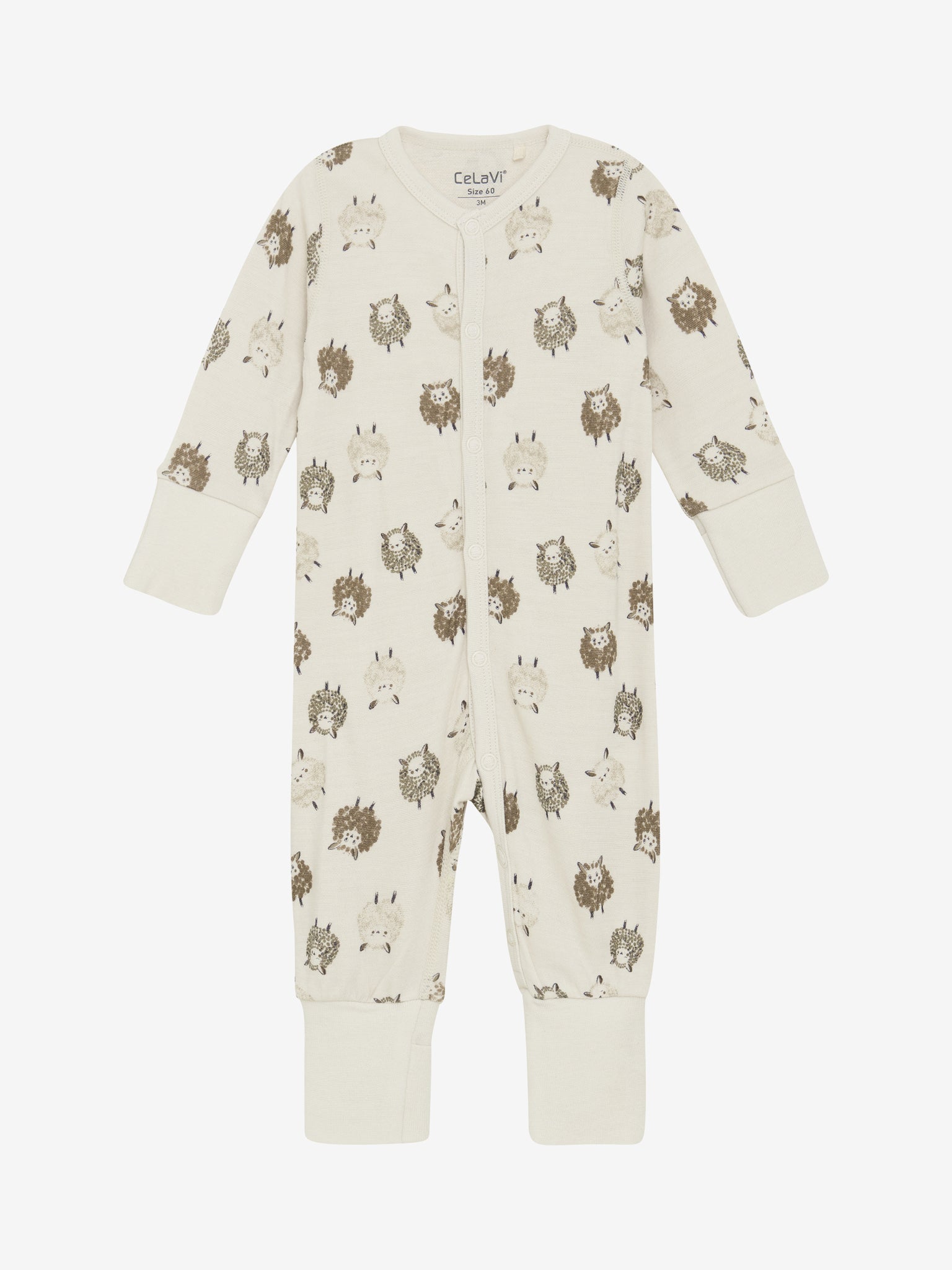 CeLaVi Jumpsuit mit braunem Schaf-Muster – Vorderansicht. Erhältlich im Bärechind in Winterthur, Zürich, Schweiz.