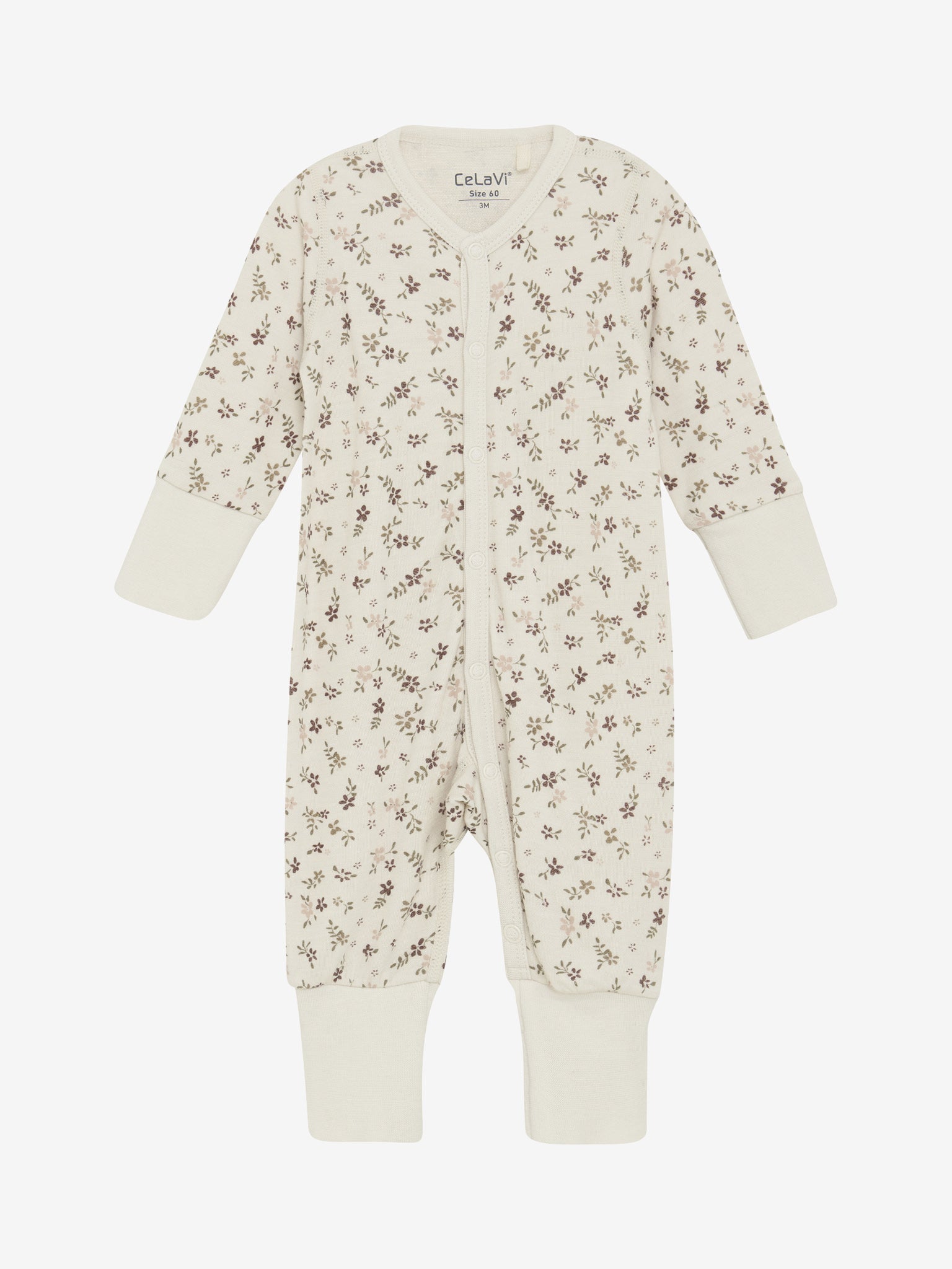 CeLaVi Jumpsuit mit braunem Blumenmuster – Vorderseite. Erhältlich im Bärechind in Winterthur, Zürich, Schweiz.