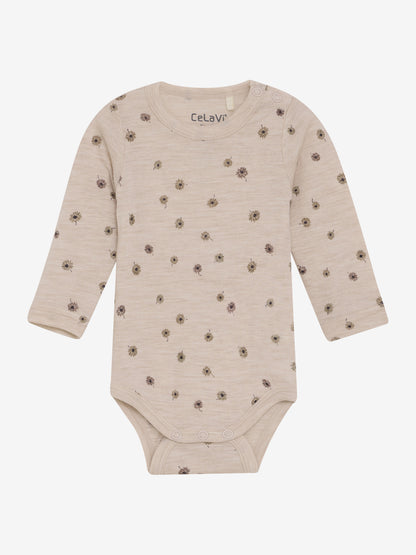 CeLaVi Langarmbody aus Wolle in Rosa mit Blumenmuster, erhältlich im Bärechind Kinderladen in Winterthur, Zürich Schweiz.