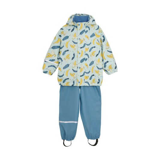 Kinder-Regen-Set mit Bananenprint von CeLaVi – Jacke und Hose als Komplett-Outfit, erhältlich bei Bärechind in Winterthur, Zürich, Schweiz.