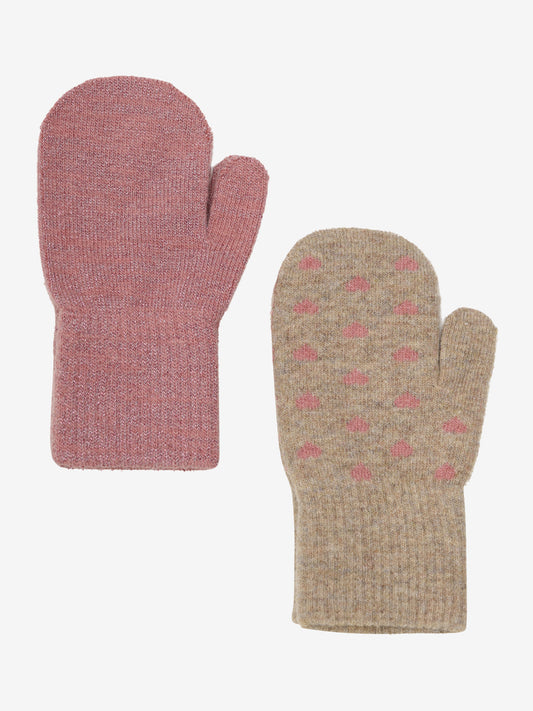 CeLaVi Wollfäustlinge Kinder im 2er-Pack Rosa Glitzer und Beige mit Herzchen – warme Winterfäustlinge, erhältlich im Bärechind Winterthur Schweiz