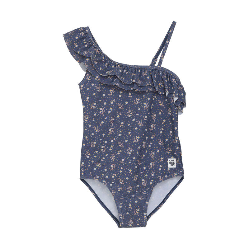 Color Kids Badeanzug One Shoulder – Vorderansicht mit Rüschen und Blumenmuster