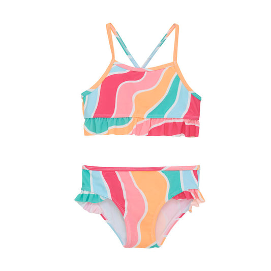 Color Kids Bikini mit Rüschen – Vorderansicht im bunten Wellen-Design