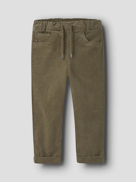 Beige Cordhose für Kinder mit Baumwollfutter, Vorderansicht flachliegend. Erhältlich bei Bärechind in Winterthur, Zürich Schweiz.