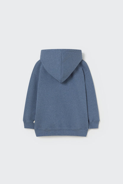 Mélange fleece hooded sweatshirt in Blau – Rückansicht flachliegend