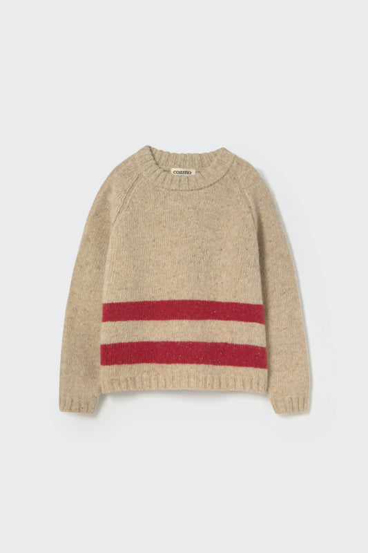 Tweed tricot sweater in Beige mit roten Streifen – Vorderansicht