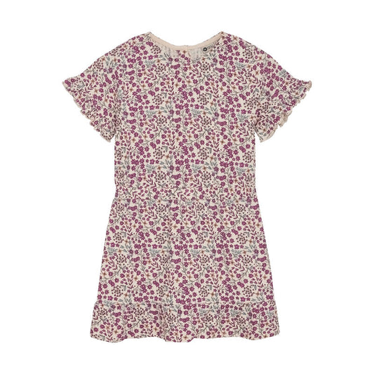 Kleid Flower aus Bio-Jacquard in Cherry Purple von Daily Seven, mit gewebtem Blumenmuster, Vorderansicht.