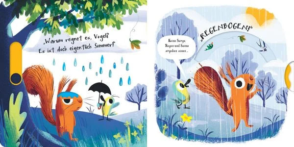 Illustration aus Der Blätterdieb zum Drehen und Schieben, Eichhörnchen und Vogel beobachten Regen und Regenbogen im Wald