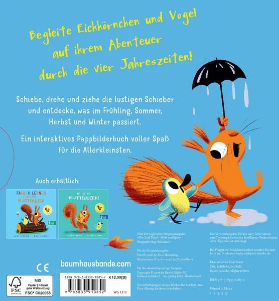 Rückseite von Der Blätterdieb zum Drehen und Schieben mit Eichhörnchen unter einem Regenschirm und Informationen zum interaktiven Jahreszeiten Buch