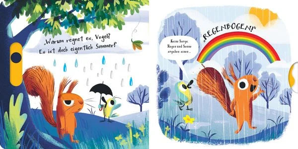 Illustration aus Der Blätterdieb zum Drehen und Schieben, Eichhörnchen und Vogel erleben den Wechsel der Jahreszeiten im Wald