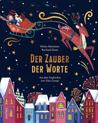 Cover des Weihnachtsbuchs Der Zauber der Worte von Helen Mortimer mit Rentierschlitten