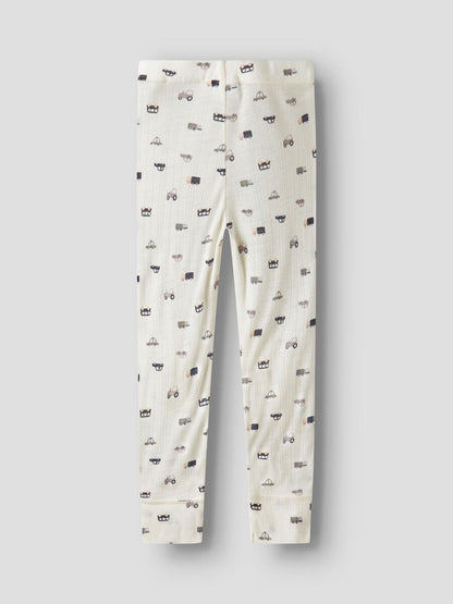Rückansicht der weissen Kinderleggings mit schwarzen Auto-Prints
