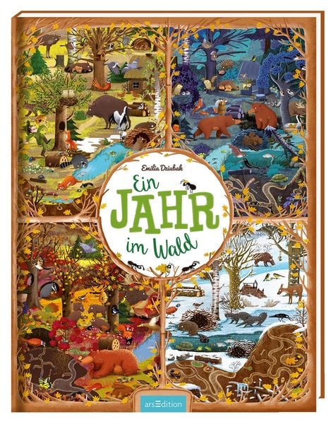 Buchcover Ein Jahr im Wald von Emilia Dziubak, Wimmelbild mit Waldtieren in den vier Jahreszeiten als Pappbilderbuch