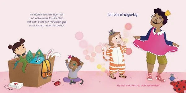 Illustrierte Alltagsszene mit Mutmachsatz aus dem Pappbilderbuch Wie gut, dass ich ich bin