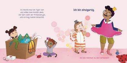 Illustrierte Alltagsszene mit Mutmachsatz aus dem Pappbilderbuch Wie gut, dass ich ich bin
