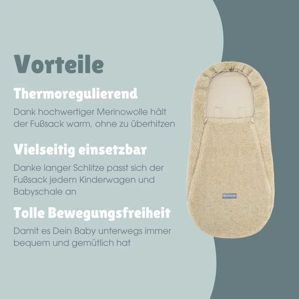 Emma & Noah Merino Kinderwagenfusssack mit Bio Baumwollfutter und Gurtschlitzen
