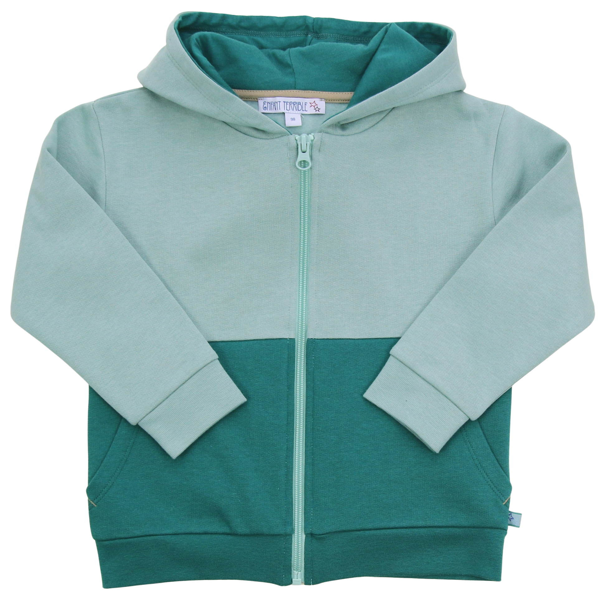Zweifarbige Kinder Kapuzenjacke aus Baumwollfleece in Grün von Enfant Terrible, erhältlich bei Bärechind in Winterthur, Zürich Schweiz.