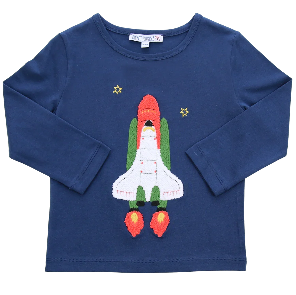 T-Shirt mit Bouclé-Raketenstickerei in navy, Vorderansicht