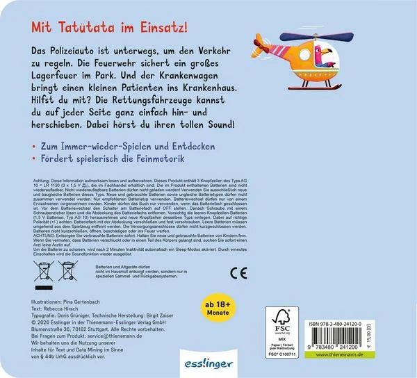 Bärechind Soundbuch Fahr mit, Rettungsfahrzeuge, Rückseite mit Abschleppwagen und Krankenwagen im Einsatz