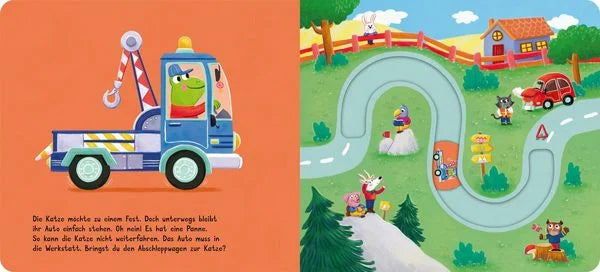 Illustrierte Verkehrsszene mit Polizeiauto und Feuerwehr zum Schieben aus dem Pappbilderbuch Fahr mit, Rettungsfahrzeuge