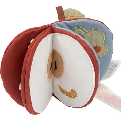 Fabelab Stoffbuch in Form eines roten Apfels mit Knisterseite – erhältlich bei Bärechind, Winterthur, Zürich, Schweiz.