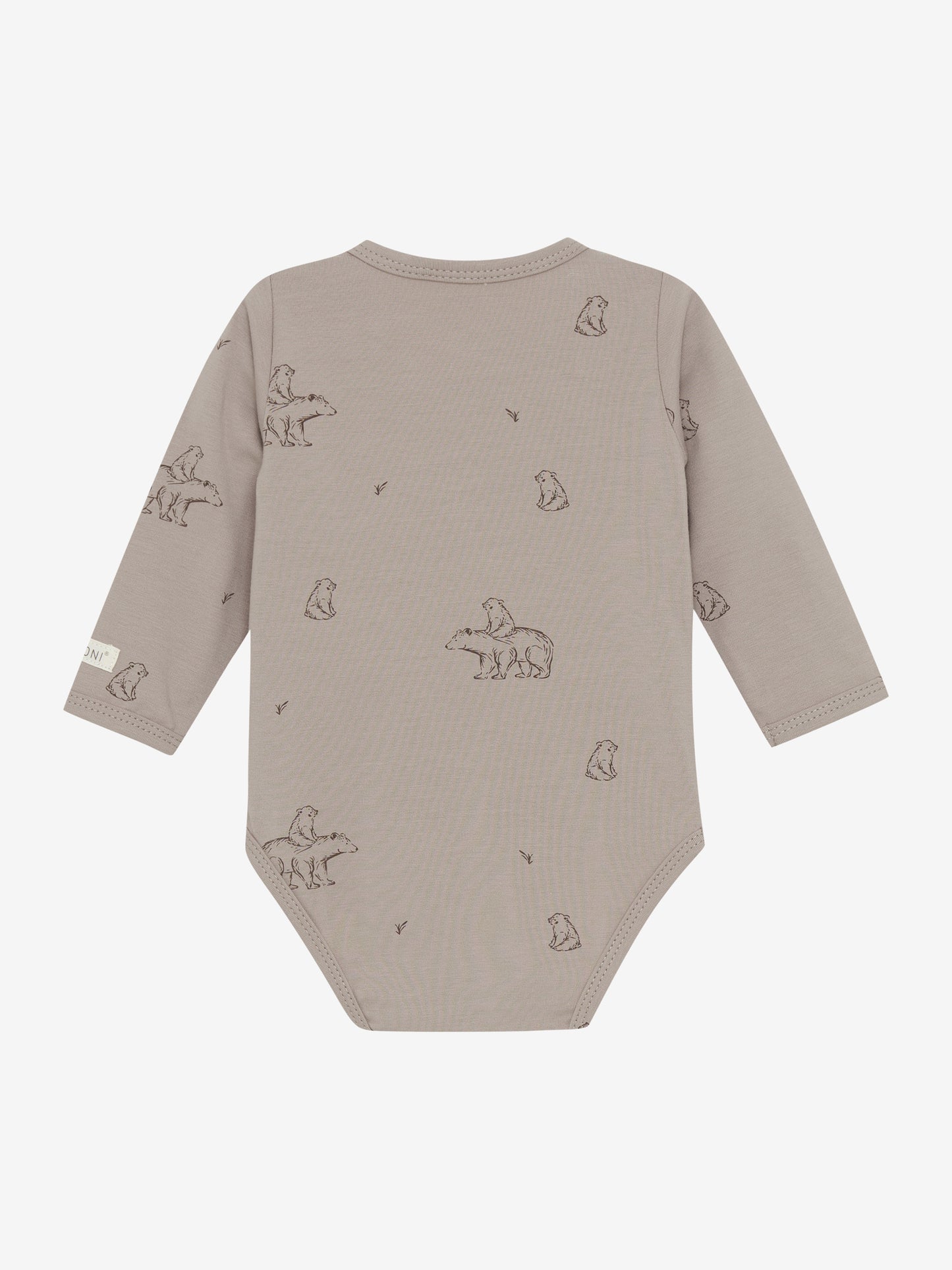 Rückseite des braunen Fixoni Wickelbodys aus Bio-Baumwolle – erhältlich im Bärechind in Winterthur, Zürich, Schweiz