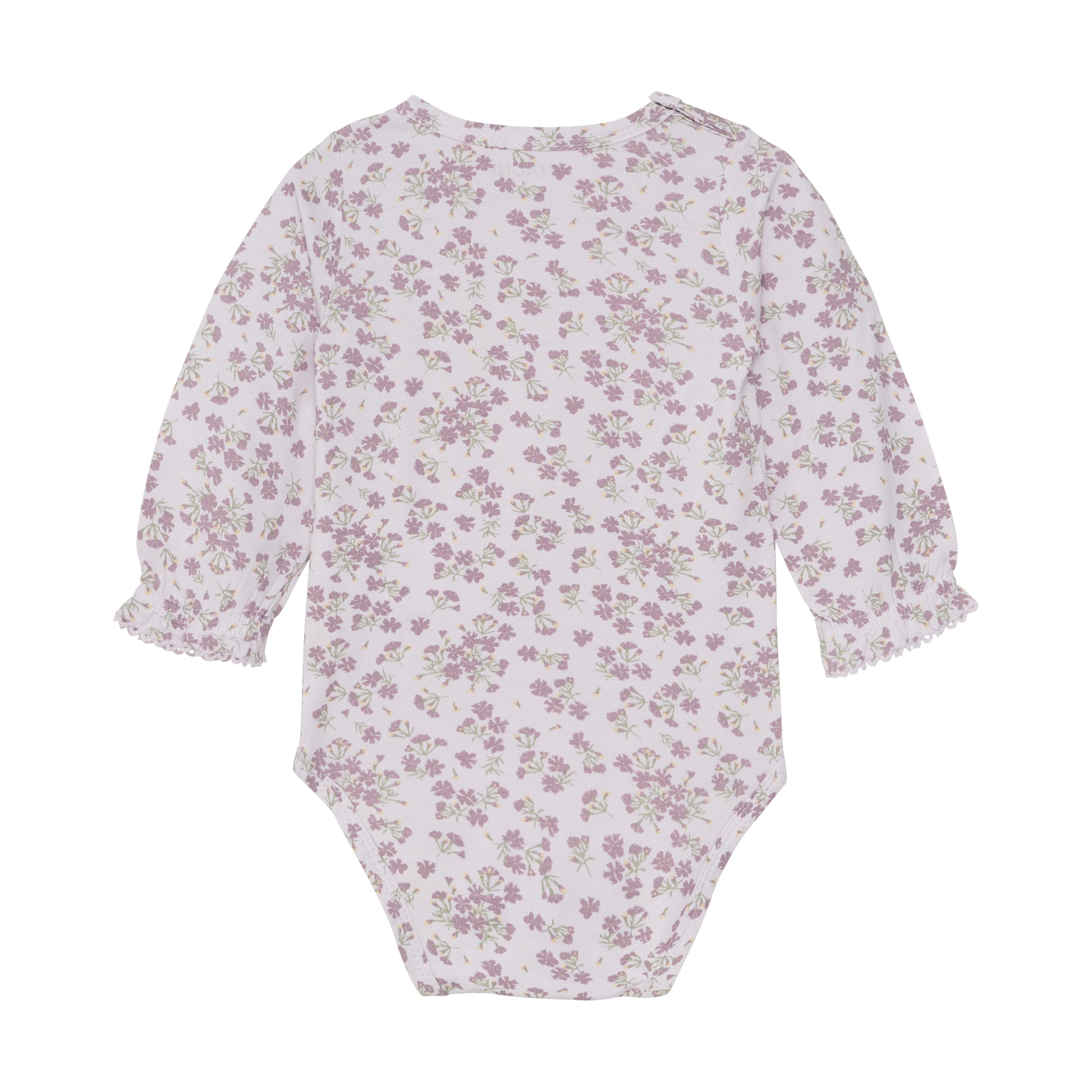 Rückansicht des Fixoni Baby-Bodys aus Bambus Viskose mit floralem Print