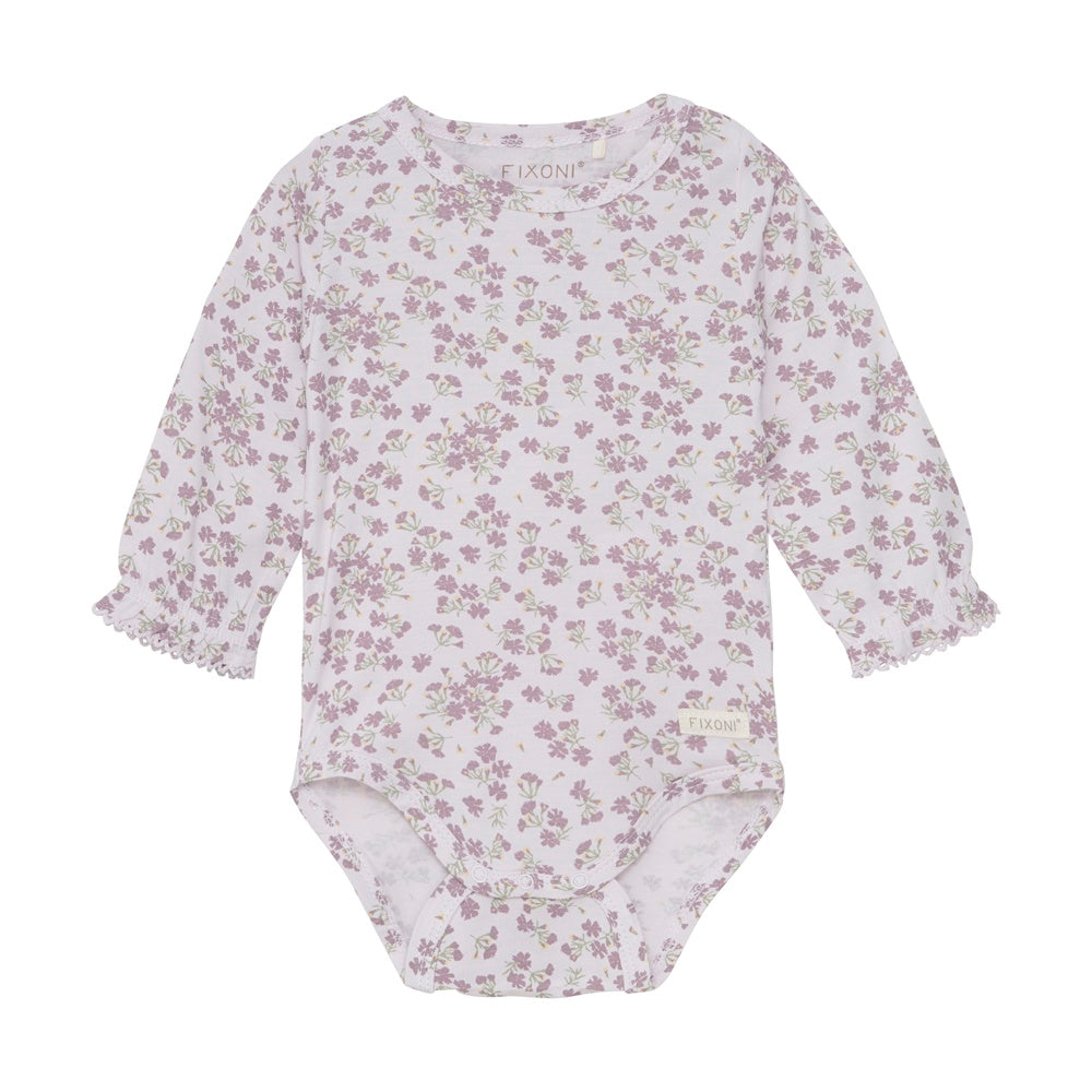 Langarmbody von Fixoni aus Bambus Viskose mit Blumenmuster in Lila – Vorderansicht