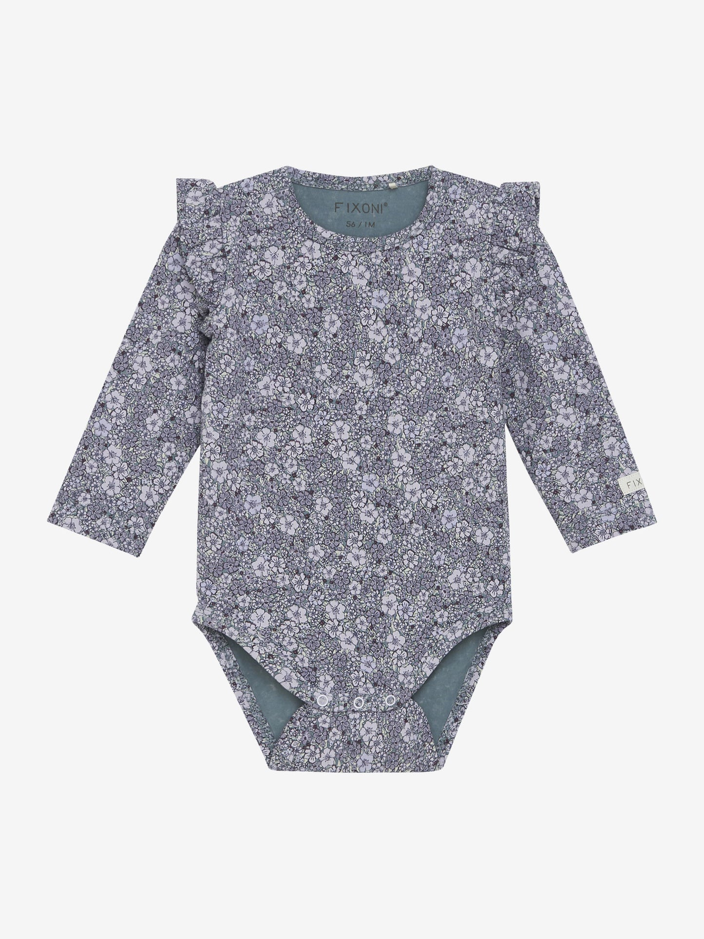 Lila Langarmbody mit Blumenprint aus Bio-Baumwolle von Fixoni – erhältlich im Bärechind in Winterthur, Zürich, Schweiz