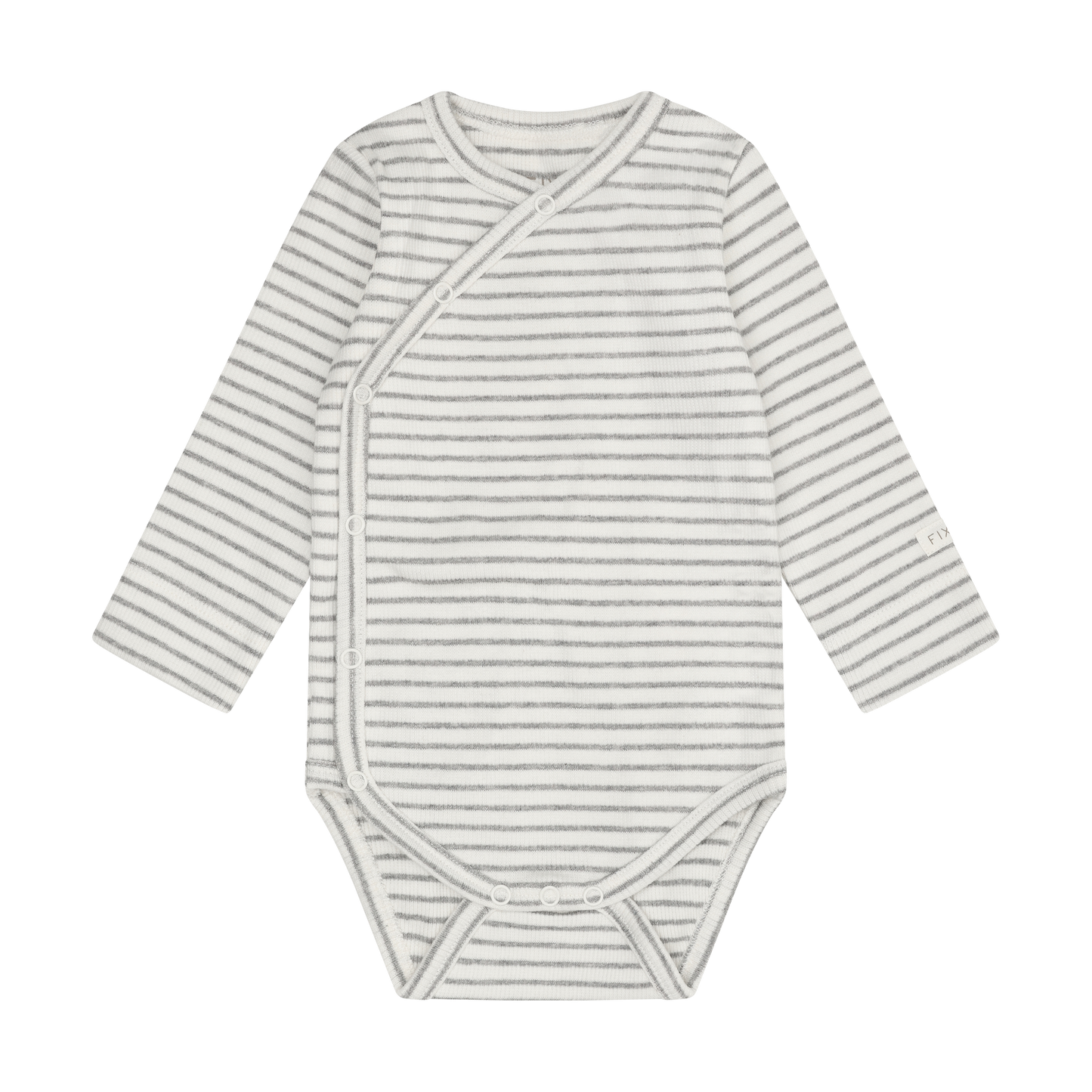 Gestreifter Wickelbody in Flint Gray Melange mit Wickelverschluss, Vorderansicht