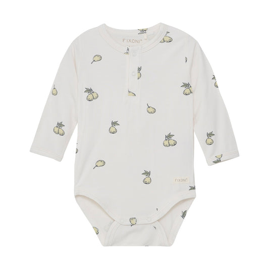 Fixoni Langarm-Body mit Zitronenprint – OEKO-TEX® zertifizierte Babykleidung, erhältlich bei Baerechind in Winterthur, Zürich, Schweiz.