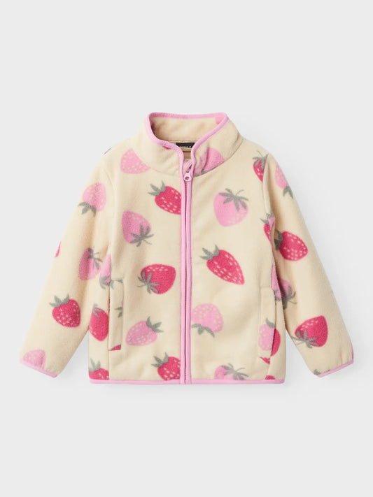 Cremefarbene Fleecejacke mit Erdbeer-Print für Kinder von name it im Bärechind Winterthur Zürich Schweiz