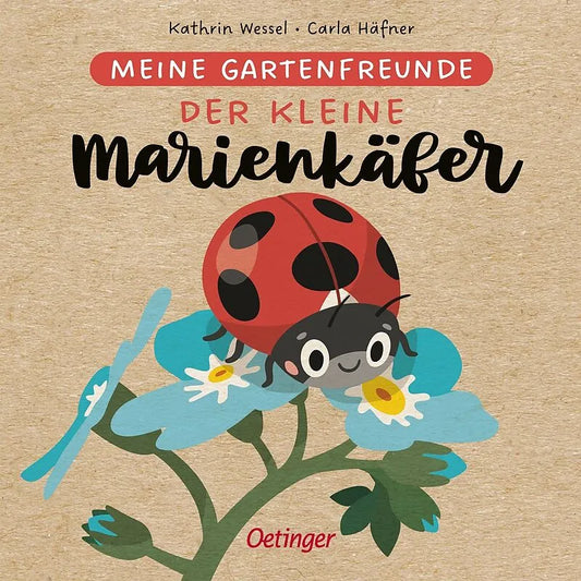 Cover des Bilderbuchs „Der kleine Marienkäfer“ aus der Reihe „Meine Gartenfreunde“ – Marienkäfer sitzt auf einer blauen Blume vor naturbraunem Hintergrund.