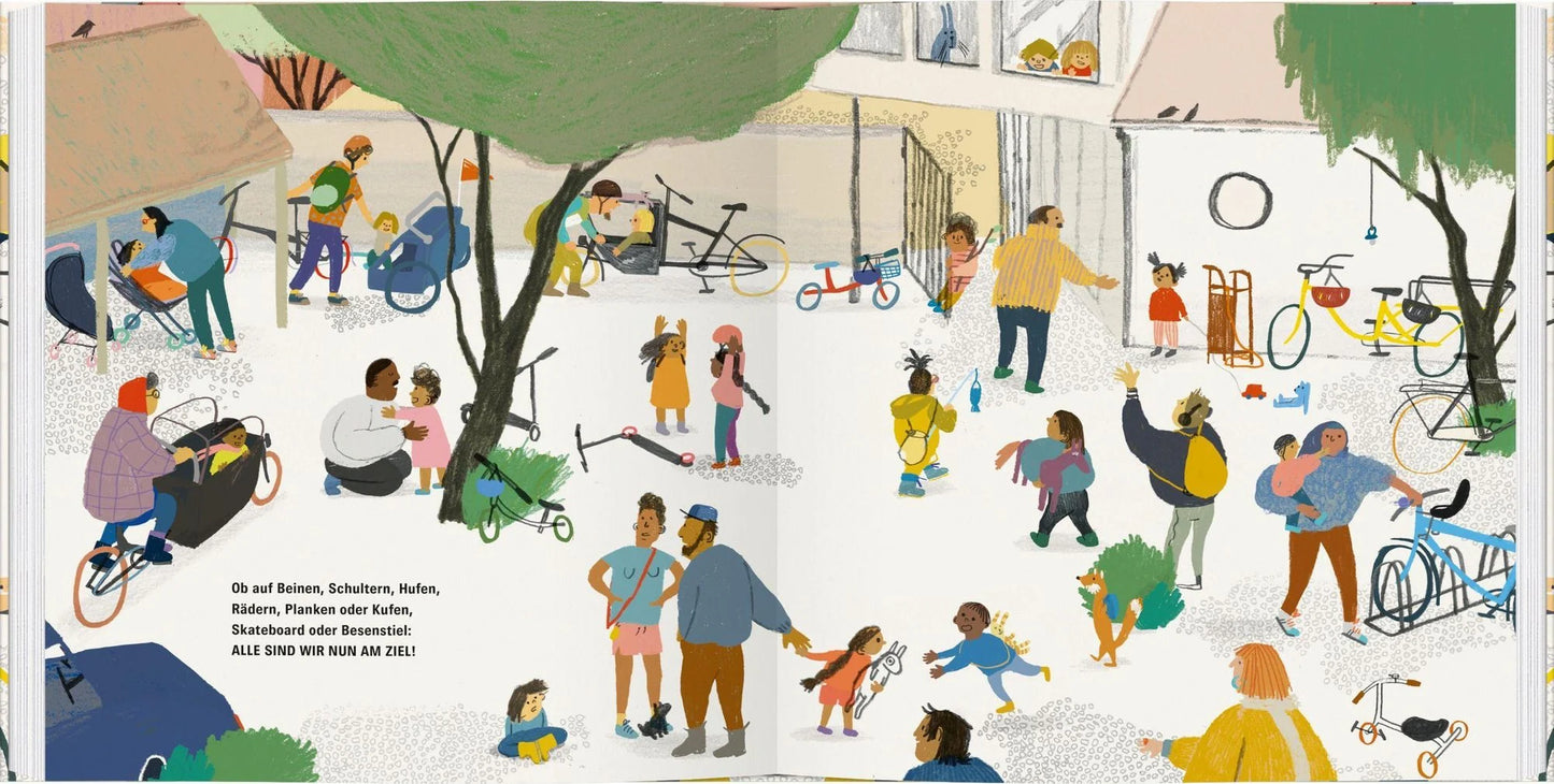 Bärechind Bilderbuch In die Kita, Fertig Los!, Szene im Park mit ankommenden Kindern